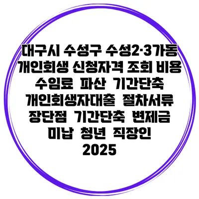 대구시 수성구 수성2·3가동 개인회생 신청자격 조회 비용 수임료 | 파산 | 기간단축 | 개인회생자대출 | 절차서류 | 장단점 | 기간단축 | 변제금 미납 | 청년 | 직장인 2025