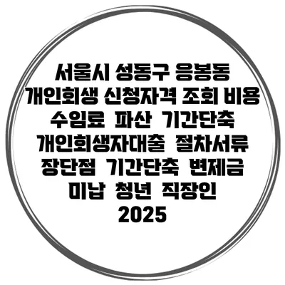 서울시 성동구 응봉동 개인회생 신청자격 조회 비용 수임료 | 파산 | 기간단축 | 개인회생자대출 | 절차서류 | 장단점 | 기간단축 | 변제금 미납 | 청년 | 직장인 2025