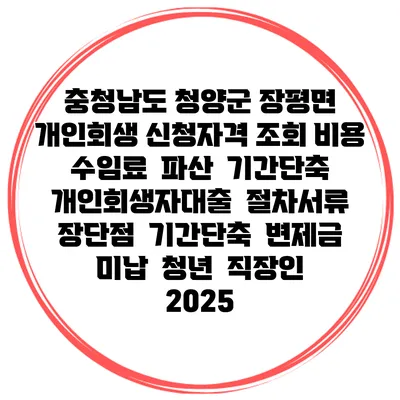 충청남도 청양군 장평면 개인회생 신청자격 조회 비용 수임료 | 파산 | 기간단축 | 개인회생자대출 | 절차서류 | 장단점 | 기간단축 | 변제금 미납 | 청년 | 직장인 2025